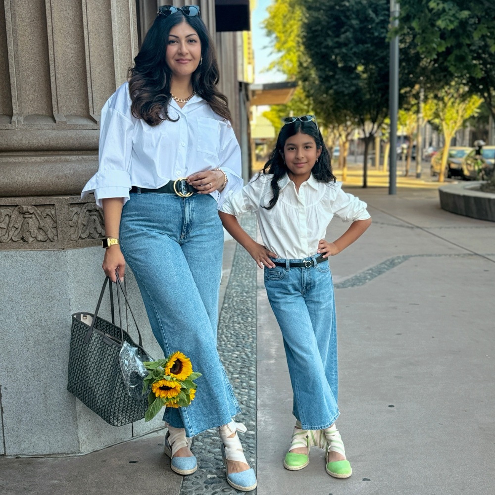 QUADSis Elaine Too Espadrille Wedges Mom and Daughter. Comfortable, sustainable, low heel wedge with adjustable grosgrain ribbon and jute wrap. Canvas. Chambray and green apple.