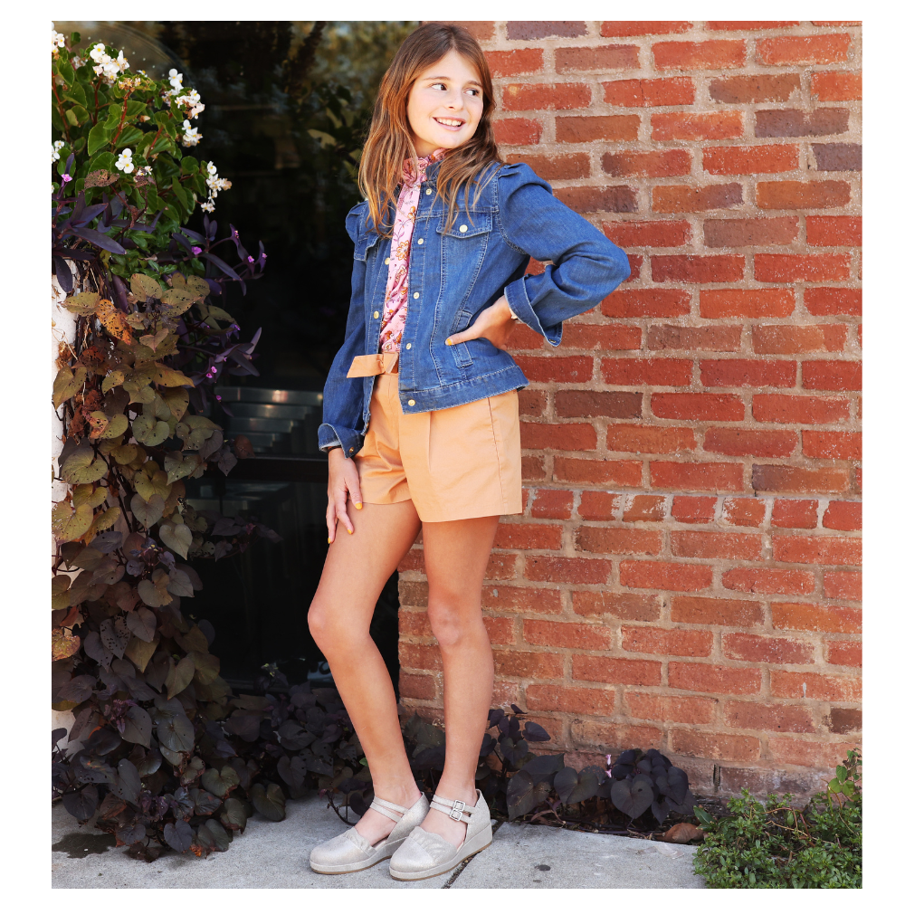 QUADSis Elizabeth Mary Janes Gilver.  Comfortable, sustainable, low heel wedge with adjustable double strap.  Denim, genuine leather, and patent materials with cork & leather midsole. Shimmer suede.