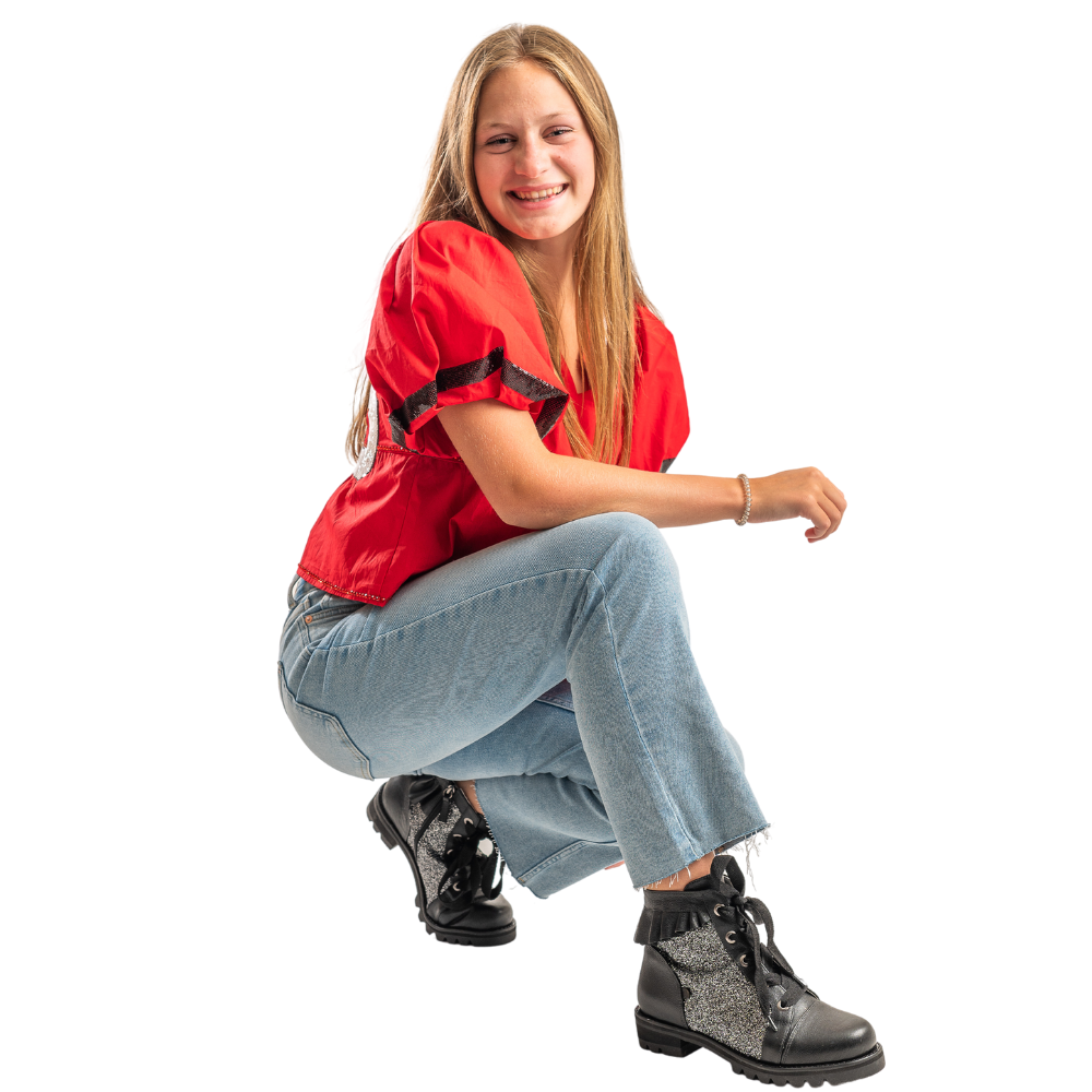 QUADSis Brooke Boot Silver. Comfortable, sustainable, lightweight, low heel, lug sole boot with working laces and side entry zipper and ruffle collar. Genuine leather with graffiti print and black silver glitter.