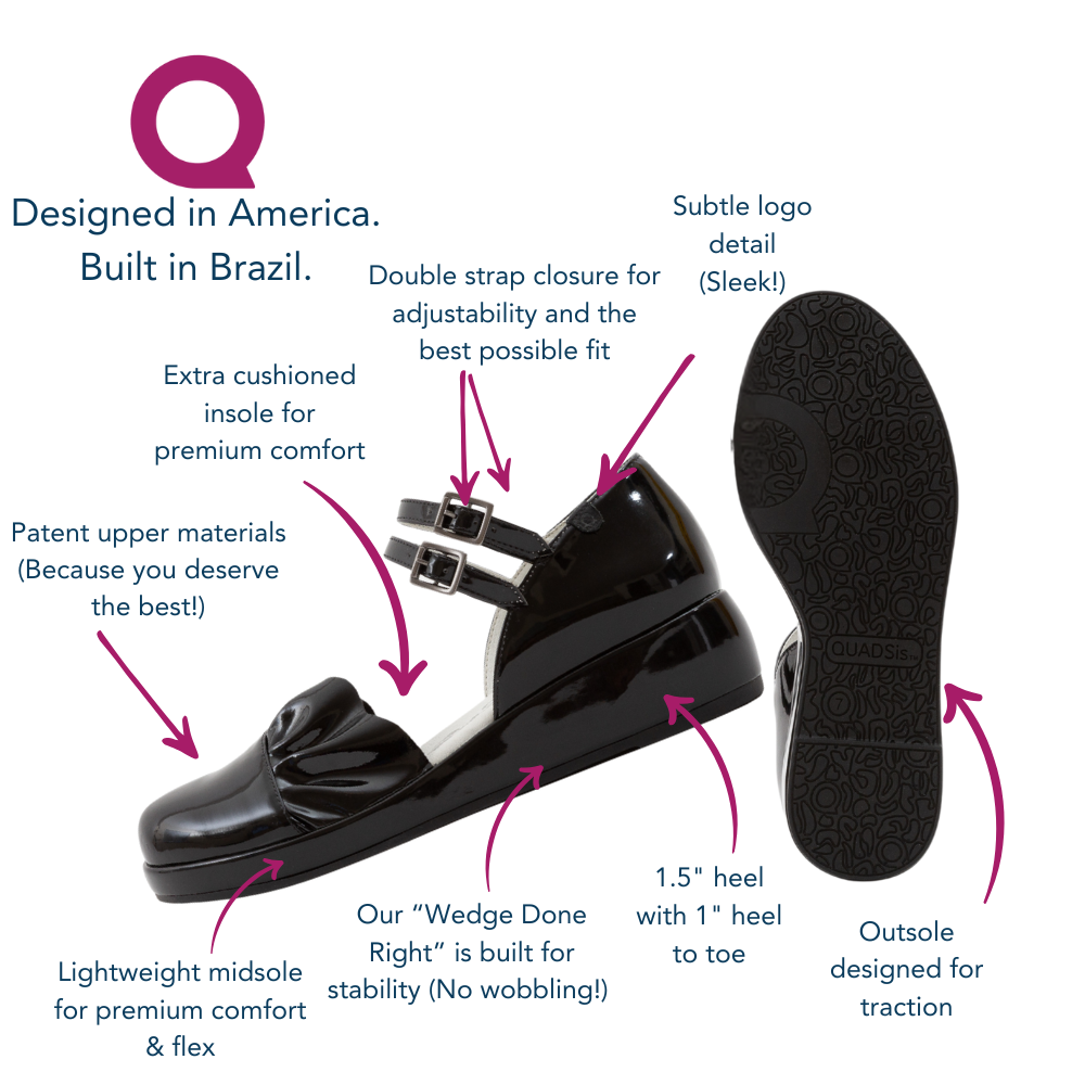 QUADSis Elizabeth Mary Janes Black patent features and benefits Diagram.  Comfortable, sustainable, low heel wedge with adjustable double strap.  Denim, genuine leather, and patent materials with cork & leather midsole.