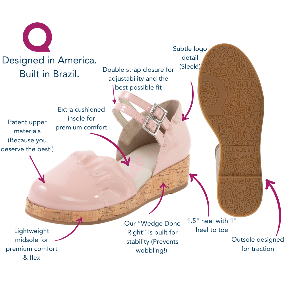 QUADSis Elizabeth Mary Janes Bubble Gum pink features and benefits Diagram.  Comfortable, sustainable, low heel wedge with adjustable double strap.  Denim, genuine leather, and patent materials with cork & leather midsole.