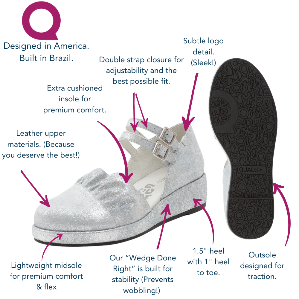QUADSis Elizabeth Mary Janes Silver features and benefits Diagram.  Comfortable, sustainable, low heel wedge with adjustable double strap.  Denim, genuine leather, and patent materials with cork & leather midsole. Shimmer suede.