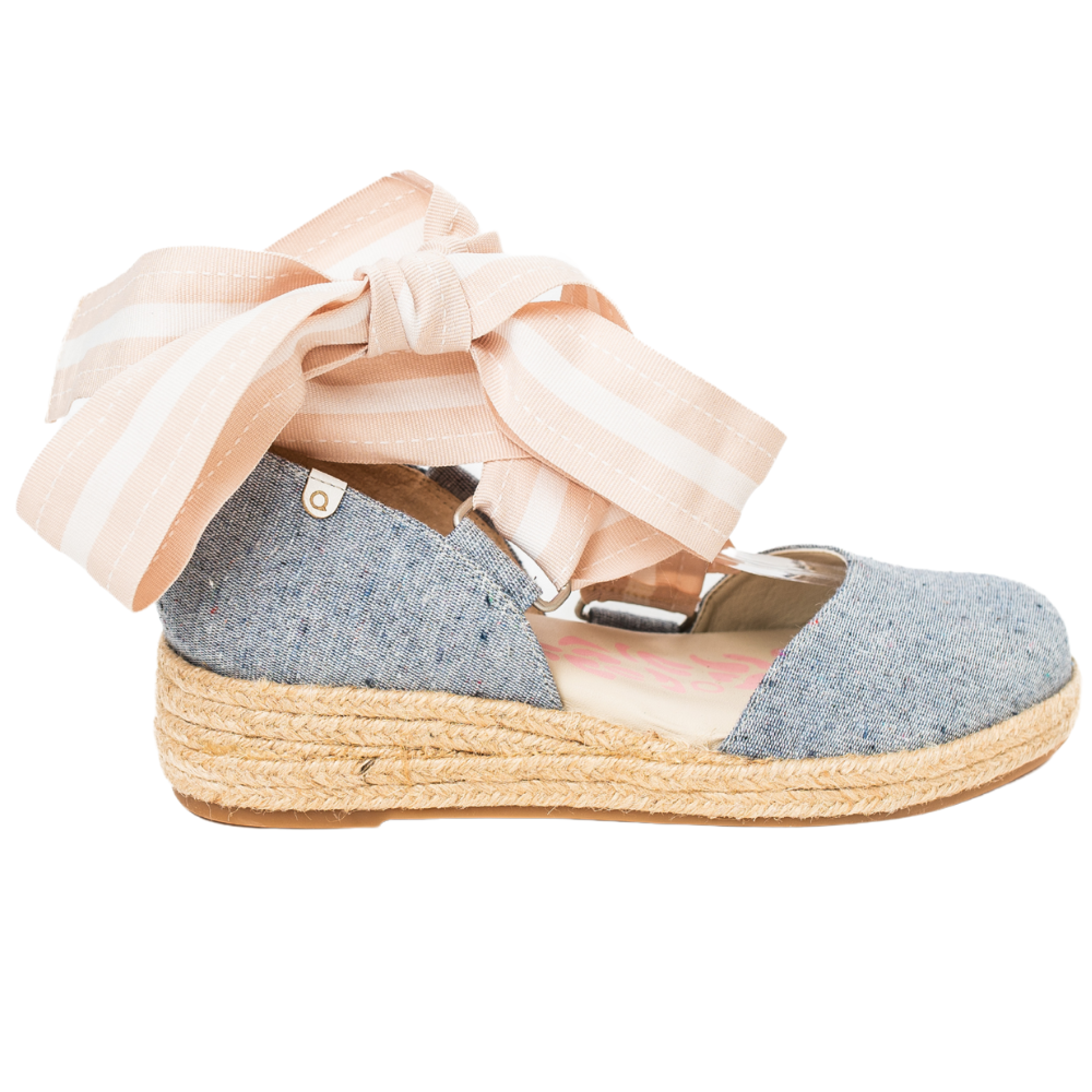 QUADSis Elaine Too Espadrille Wedge Chambray. Comfortable, sustainable, low heel wedge with adjustable grosgrain ribbon and jute wrap. Canvas. Chambray and green apple.