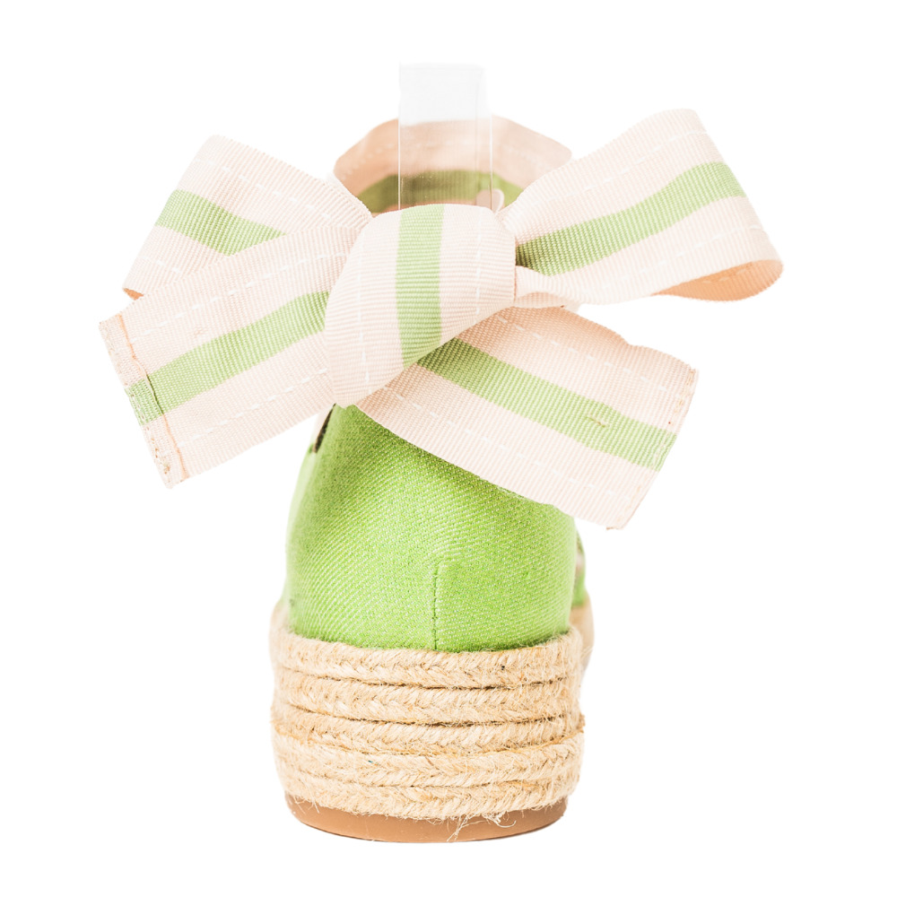 QUADSis Elaine Too Espadrille Wedge Green Apple. Comfortable, sustainable, low heel wedge with adjustable grosgrain ribbon and jute wrap. Canvas. Chambray and green apple.
