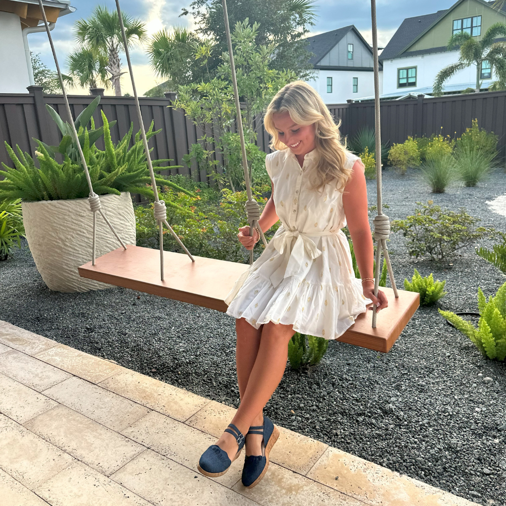 QUADSis Elizabeth Mary Janes Denim. Comfortable, sustainable, low heel wedge with adjustable double strap. Denim, genuine leather, and patent materials with cork midsole.