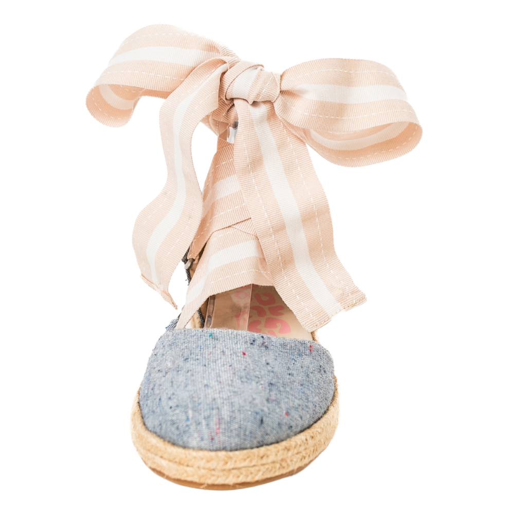 QUADSis Elaine Too Espadrille Wedge Chambray. Comfortable, sustainable, low heel wedge with adjustable grosgrain ribbon and jute wrap. Canvas. Chambray and green apple.