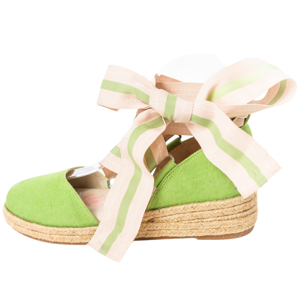 QUADSis Elaine Too Espadrille Wedge Green Apple. Comfortable, sustainable, low heel wedge with adjustable grosgrain ribbon and jute wrap. Canvas. Chambray and green apple.