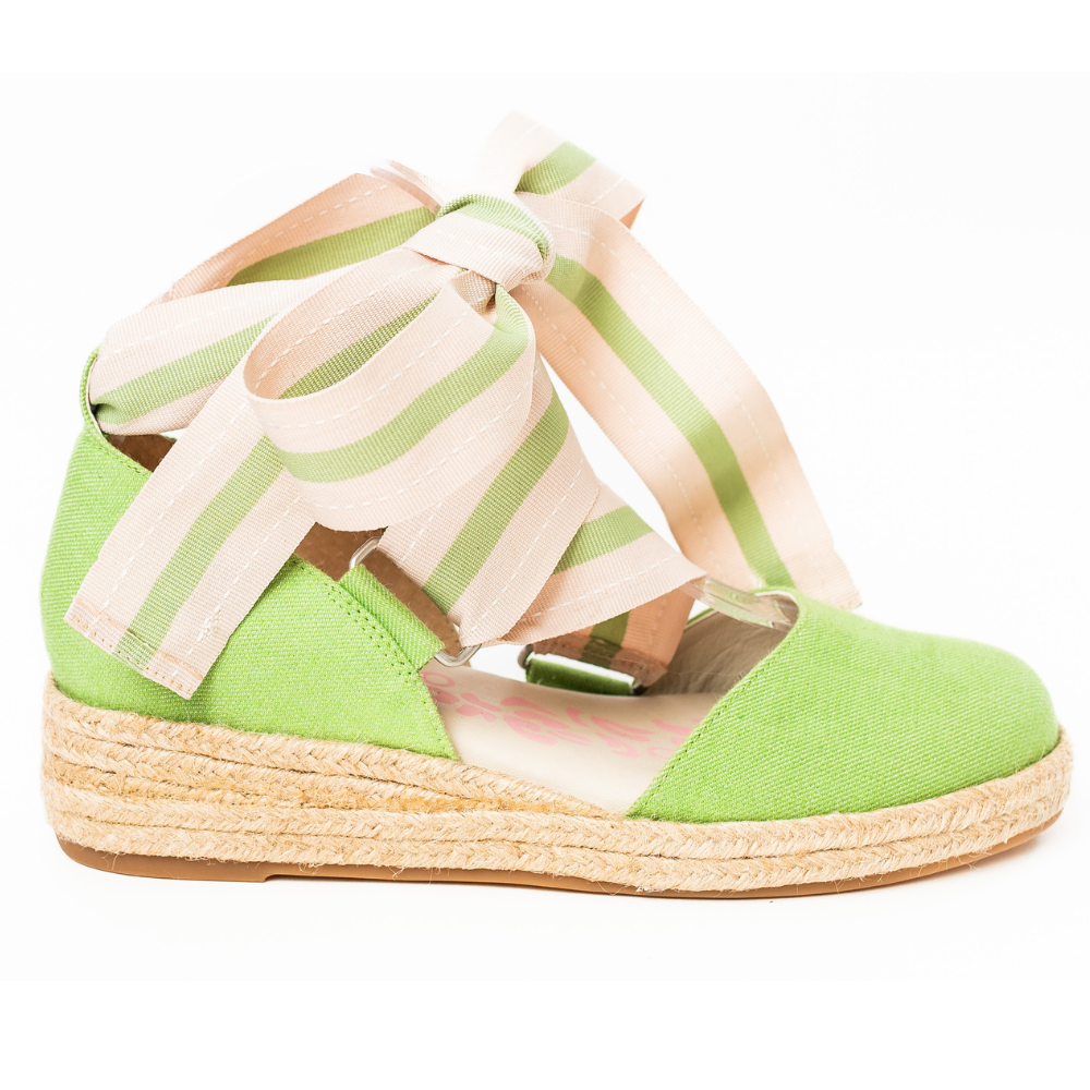 QUADSis Elaine Too Espadrille Wedge Green Apple. Comfortable, sustainable, low heel wedge with adjustable grosgrain ribbon and jute wrap. Canvas. Chambray and green apple.