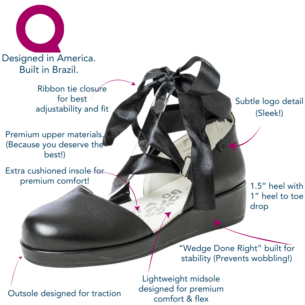 QUADSis Elaine Ballerinas Black features and benefits diagram. Comfortable, sustainable, low heel ballerina wedge heel with adjustable satin ribbon. Genuine leather and luxurious velvet. Party shoe low heel