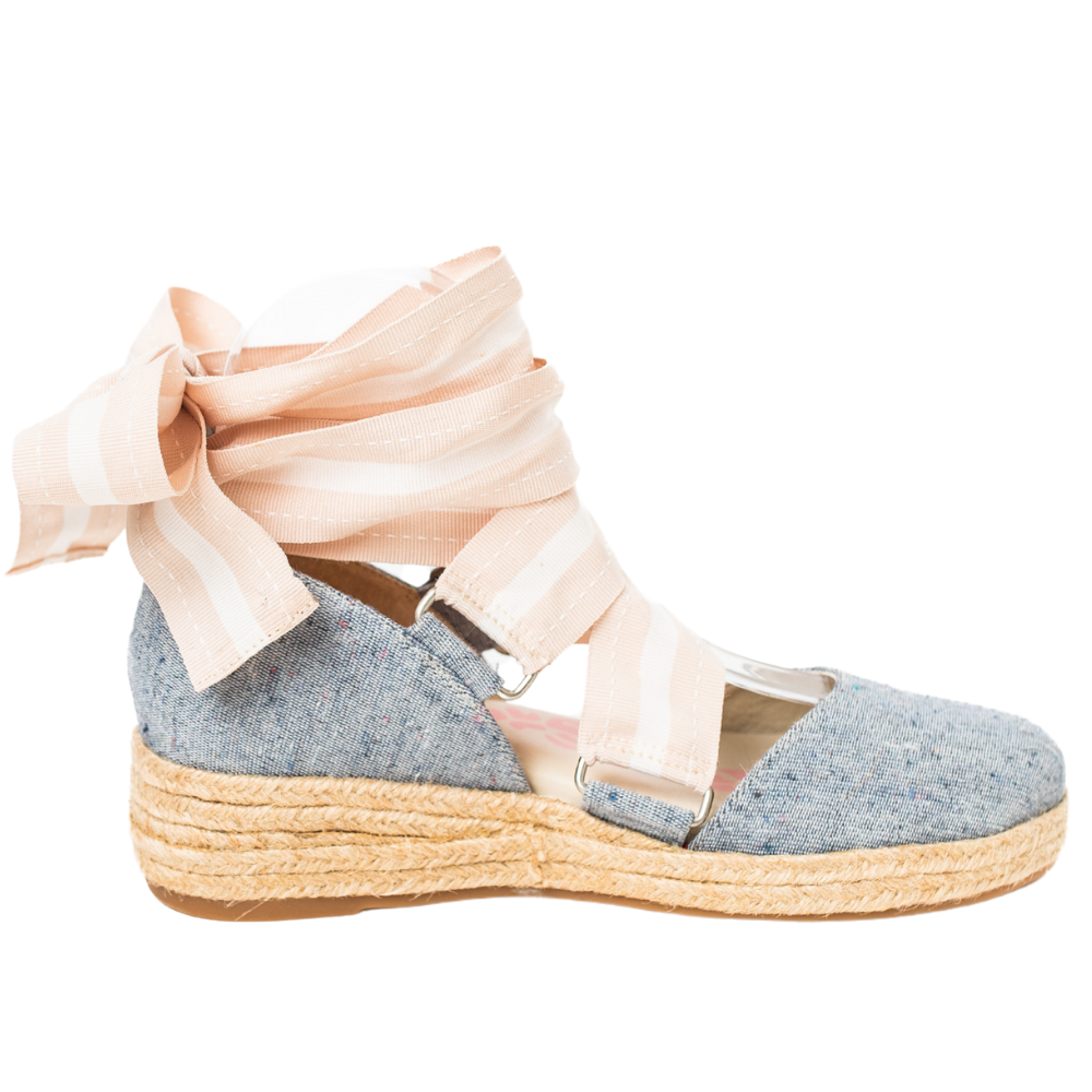 QUADSis Elaine Too Espadrille Wedge Chambray. Comfortable, sustainable, low heel wedge with adjustable grosgrain ribbon and jute wrap. Canvas. Chambray and green apple.