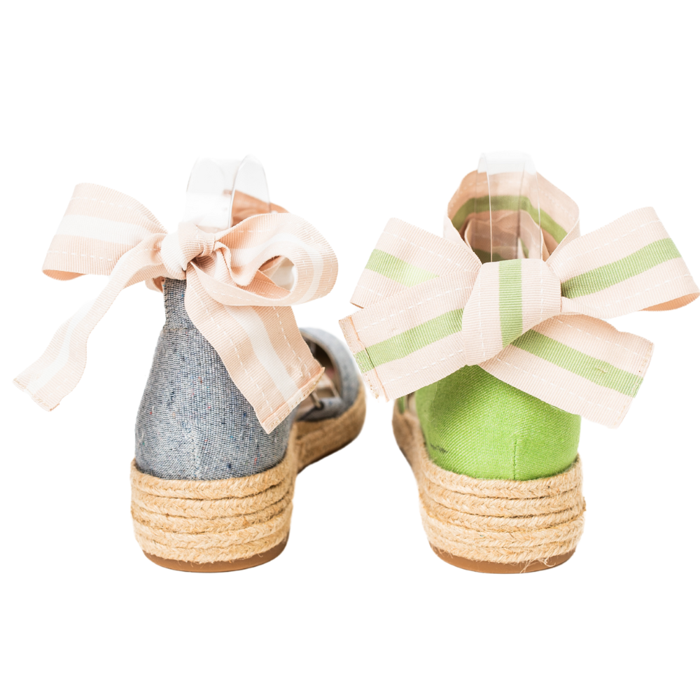 QUADSis Elaine Too Espadrille Wedges Bows. Comfortable, sustainable, low heel wedge with adjustable grosgrain ribbon and jute wrap. Canvas. Chambray and green apple.