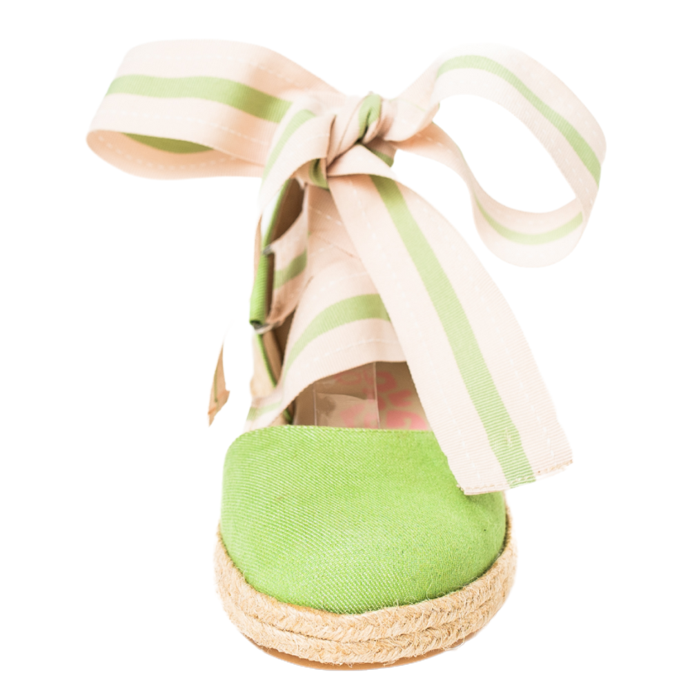 QUADSis Elaine Too Espadrille Wedge Green Apple. Comfortable, sustainable, low heel wedge with adjustable grosgrain ribbon and jute wrap. Canvas. Chambray and green apple.