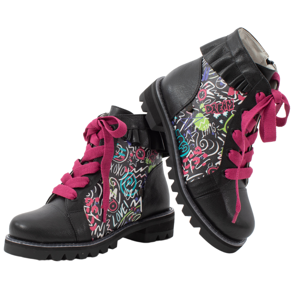 QUADSis Brooke Boot Graffiti. Comfortable, sustainable, lightweight, low heel, lug sole boot with working laces and side entry zipper and ruffle collar. Genuine leather with graffiti print and black silver glitter.