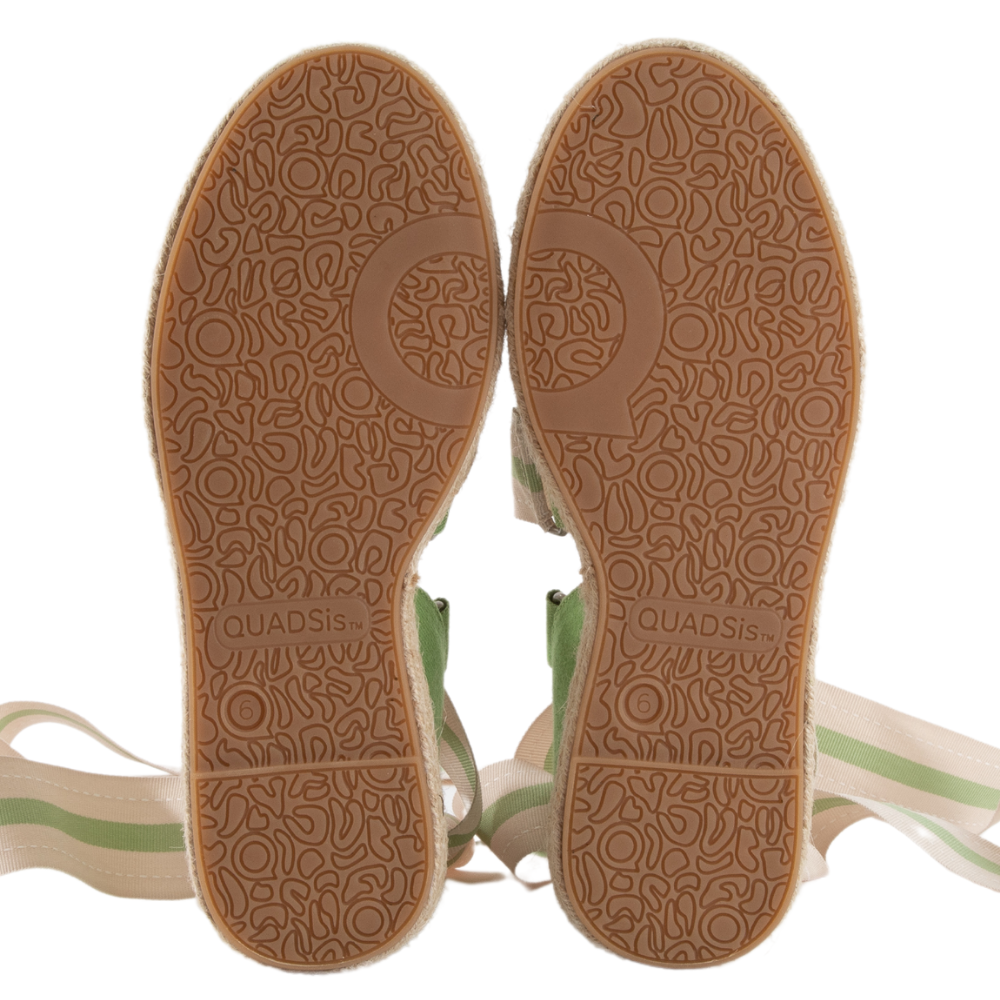 QUADSis Elaine Too Espadrille Wedge non-skid sole Bottom. Comfortable, sustainable, low heel wedge with adjustable grosgrain ribbon and jute wrap. Canvas. Chambray and green apple.