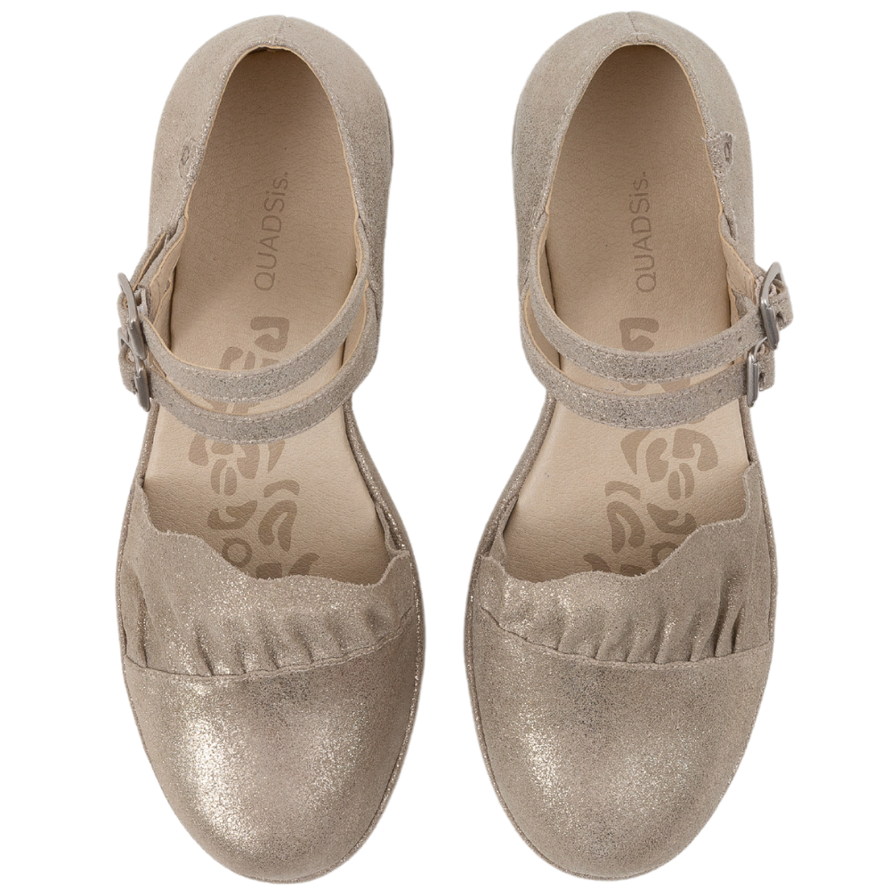 QUADSis Elizabeth Mary Janes Gilver.  Comfortable, sustainable, low heel wedge with adjustable double strap.  Denim, genuine leather, and patent materials with cork & leather midsole. Shimmer suede.