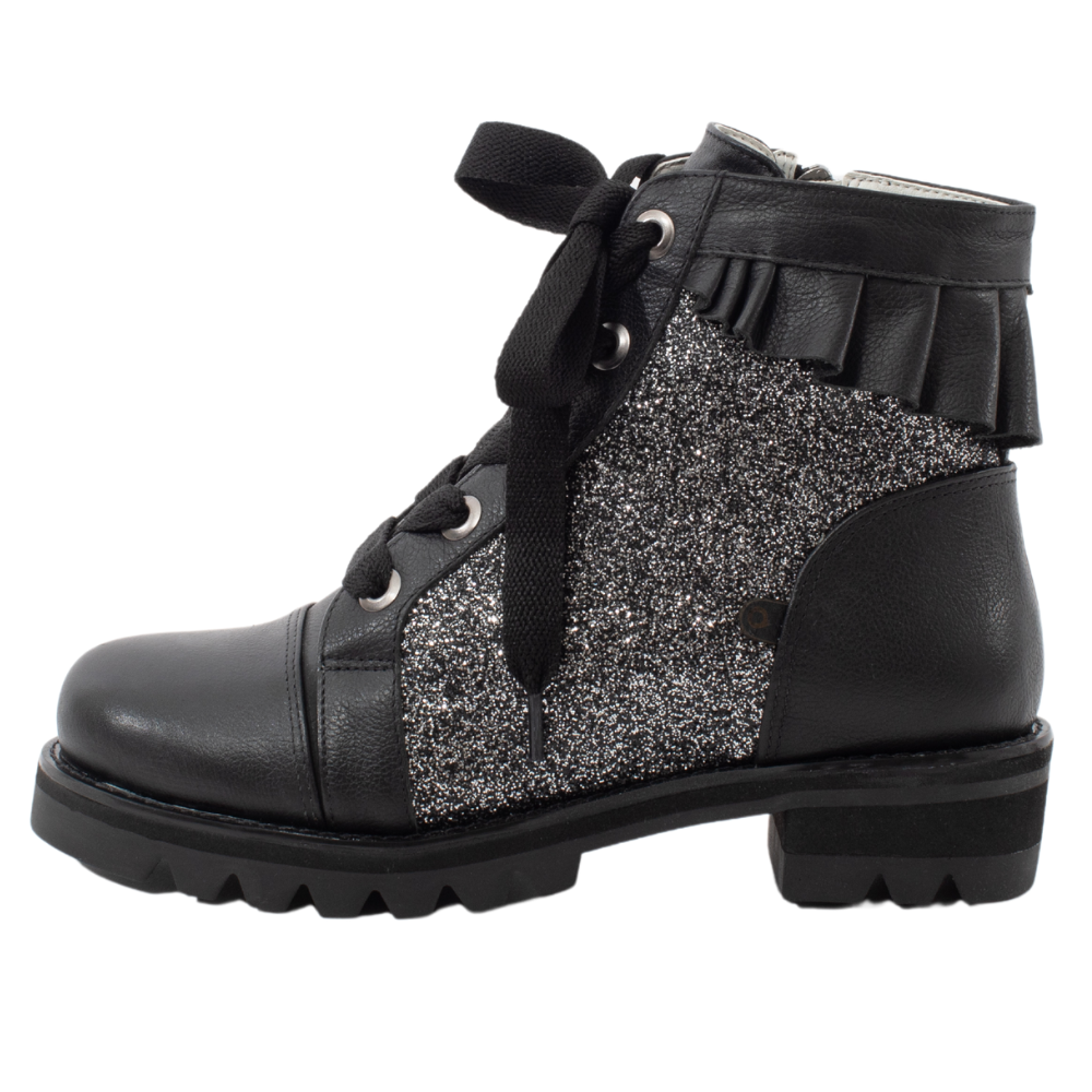 QUADSis Brooke Boot Silver. Comfortable, sustainable, lightweight, low heel, lug sole boot with working laces and side entry zipper and ruffle collar. Genuine leather with graffiti print and black silver glitter.