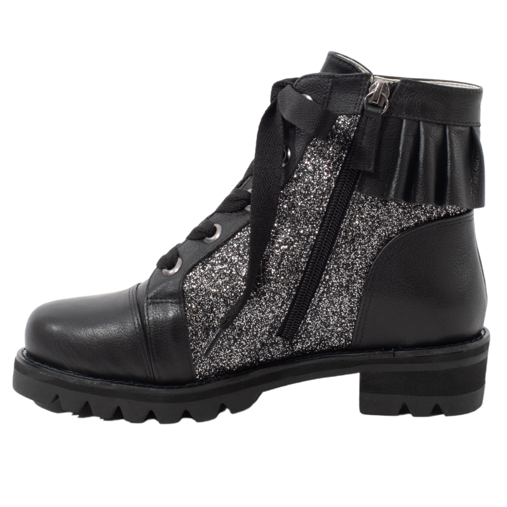 QUADSis Brooke Boot Silver. Comfortable, sustainable, lightweight, low heel, lug sole boot with working laces and side entry zipper and ruffle collar. Genuine leather with graffiti print and black silver glitter.
