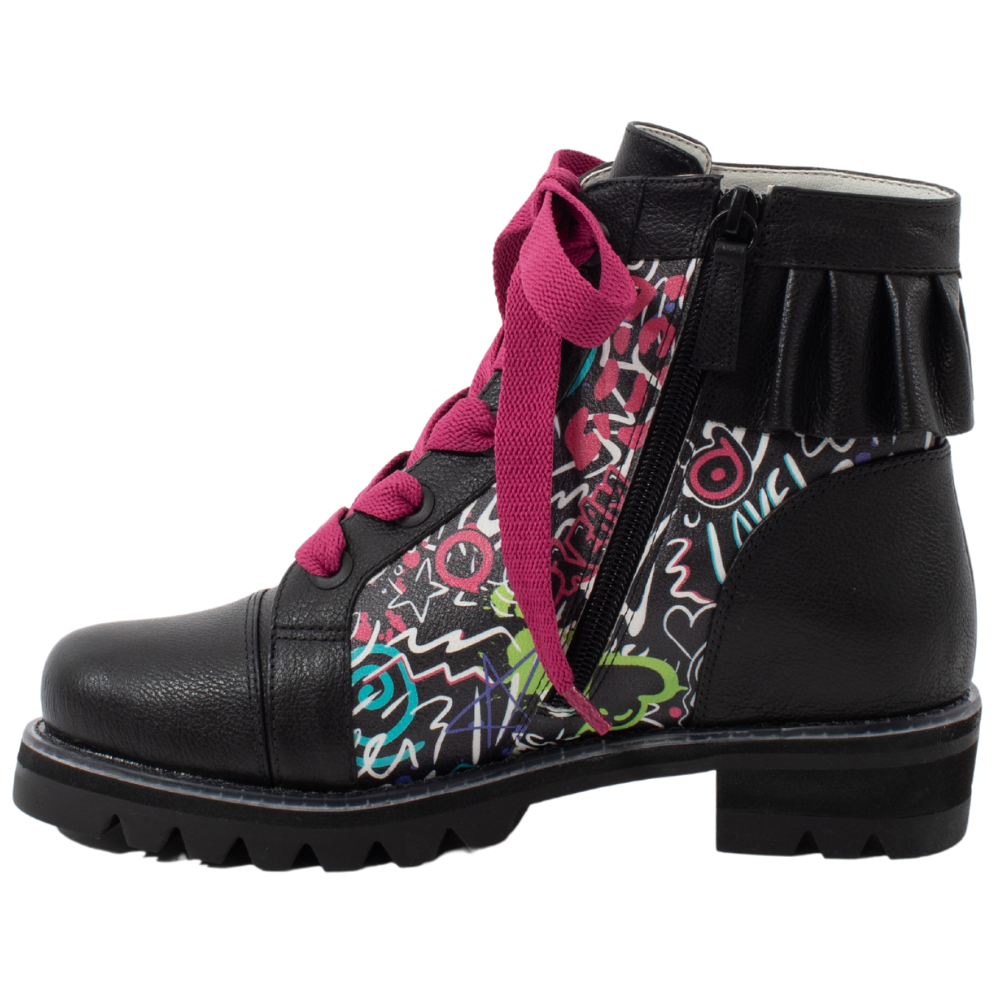 QUADSis Brooke Boot Graffiti. Comfortable, sustainable, lightweight, low heel, lug sole boot with working laces and side entry zipper and ruffle collar. Genuine leather with graffiti print and black silver glitter.