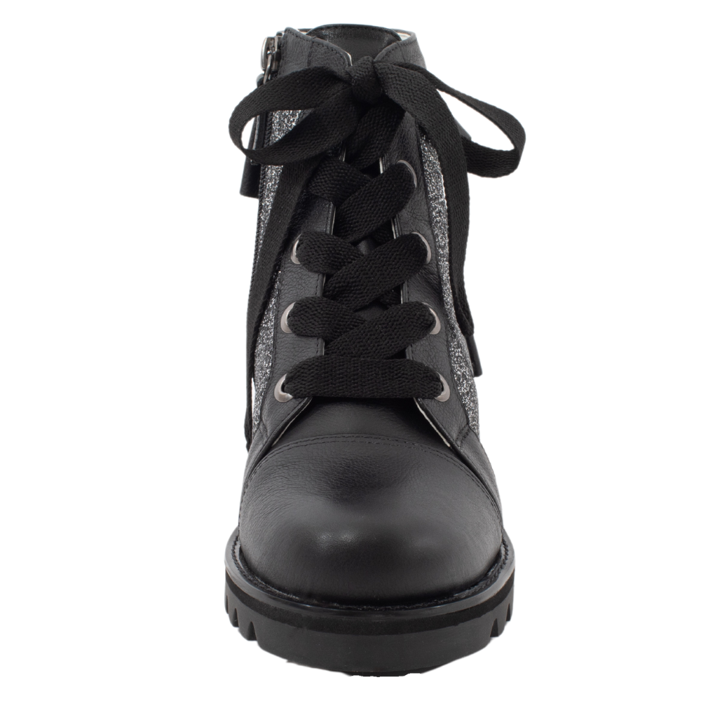 QUADSis Brooke Boot Silver. Comfortable, sustainable, lightweight, low heel, lug sole boot with working laces and side entry zipper and ruffle collar. Genuine leather with graffiti print and black silver glitter.