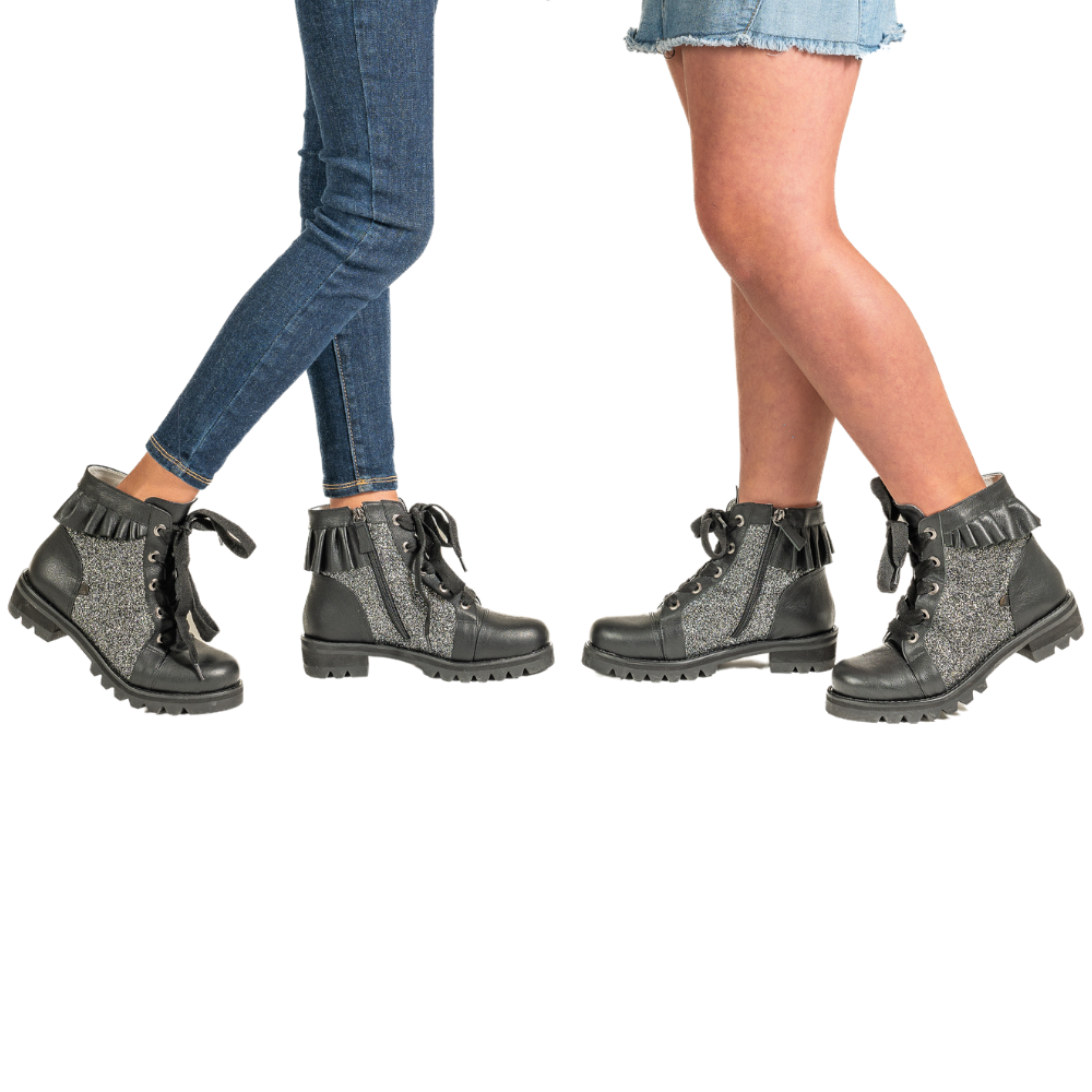QUADSis Brooke Boot Silver. Comfortable, sustainable, lightweight, low heel, lug sole boot with working laces and side entry zipper and ruffle collar. Genuine leather with graffiti print and black silver glitter.