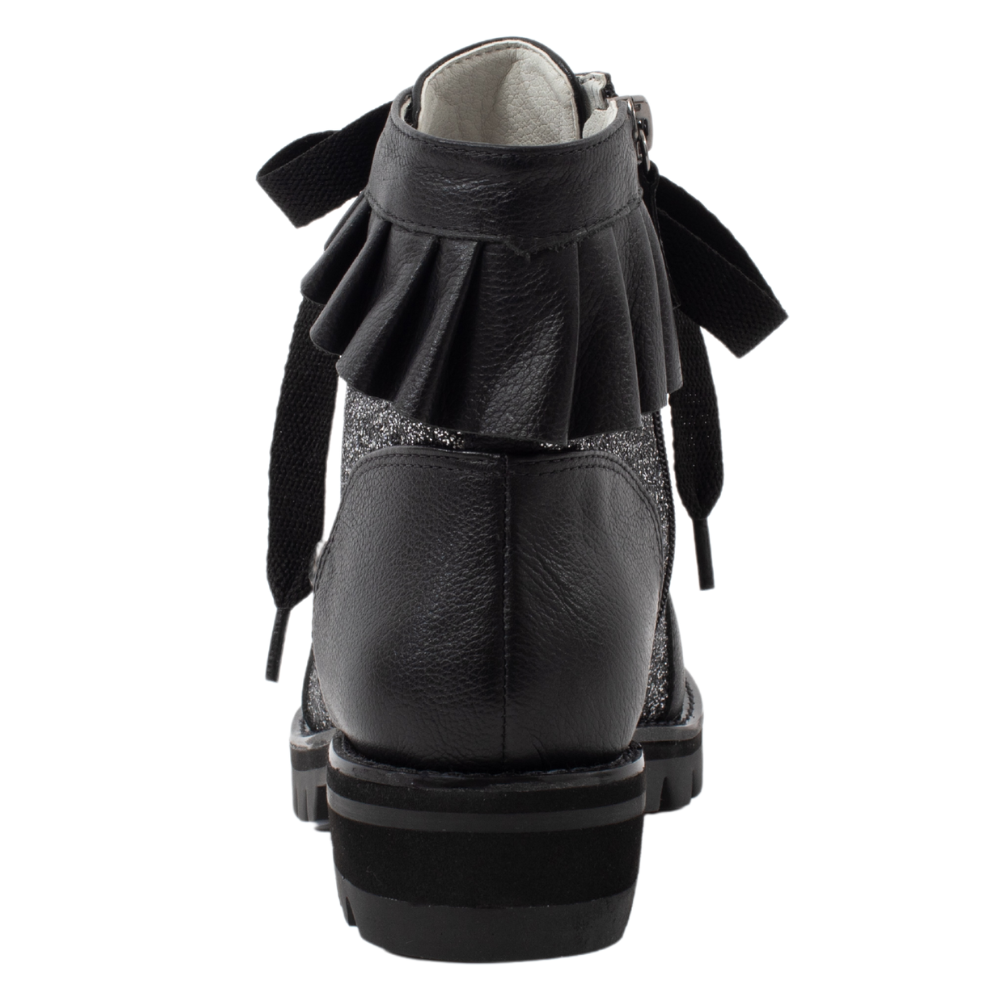 QUADSis Brooke Boot Silver. Comfortable, sustainable, lightweight, low heel, lug sole boot with working laces and side entry zipper and ruffle collar. Genuine leather with graffiti print and black silver glitter.
