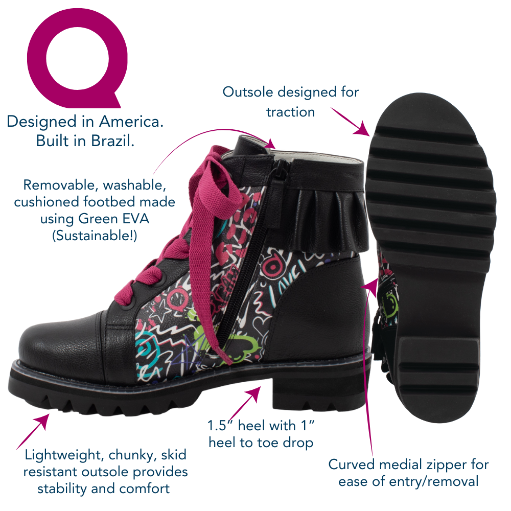 QUADSis Brooke Boot Graffiti features and benefits Diagram. Comfortable, sustainable, lightweight, low heel, lug sole boot with working laces and side entry zipper and ruffle collar. Genuine leather with graffiti print and black silver glitter.