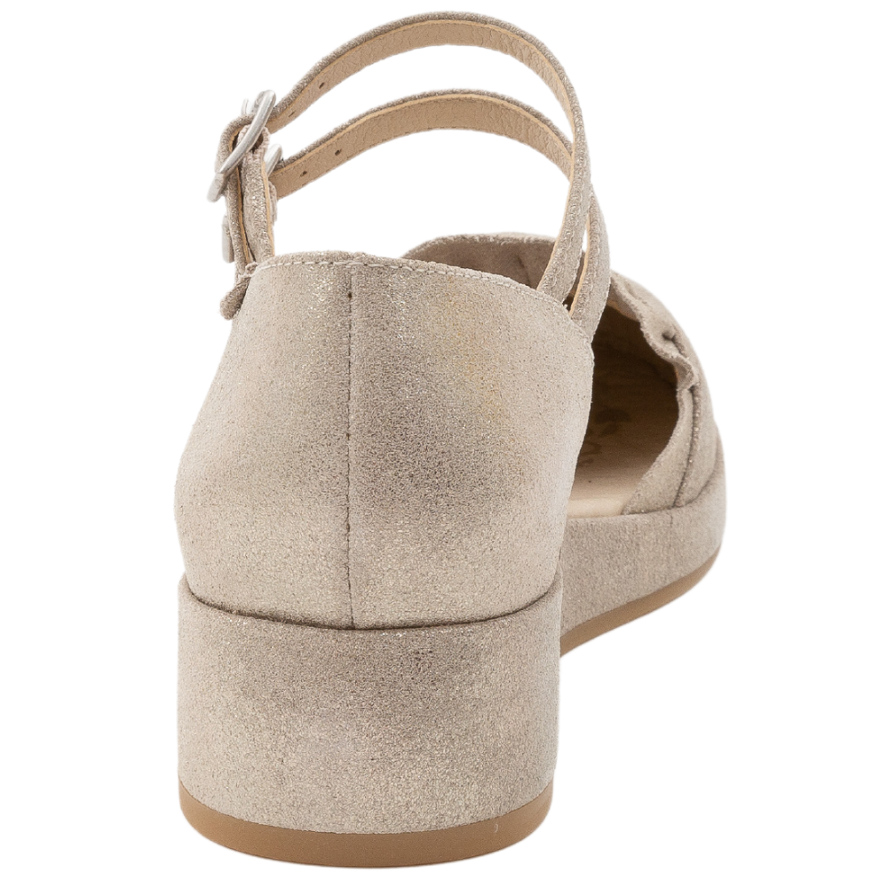 QUADSis Elizabeth Mary Janes Gilver.  Comfortable, sustainable, low heel wedge with adjustable double strap.  Denim, genuine leather, and patent materials with cork & leather midsole.