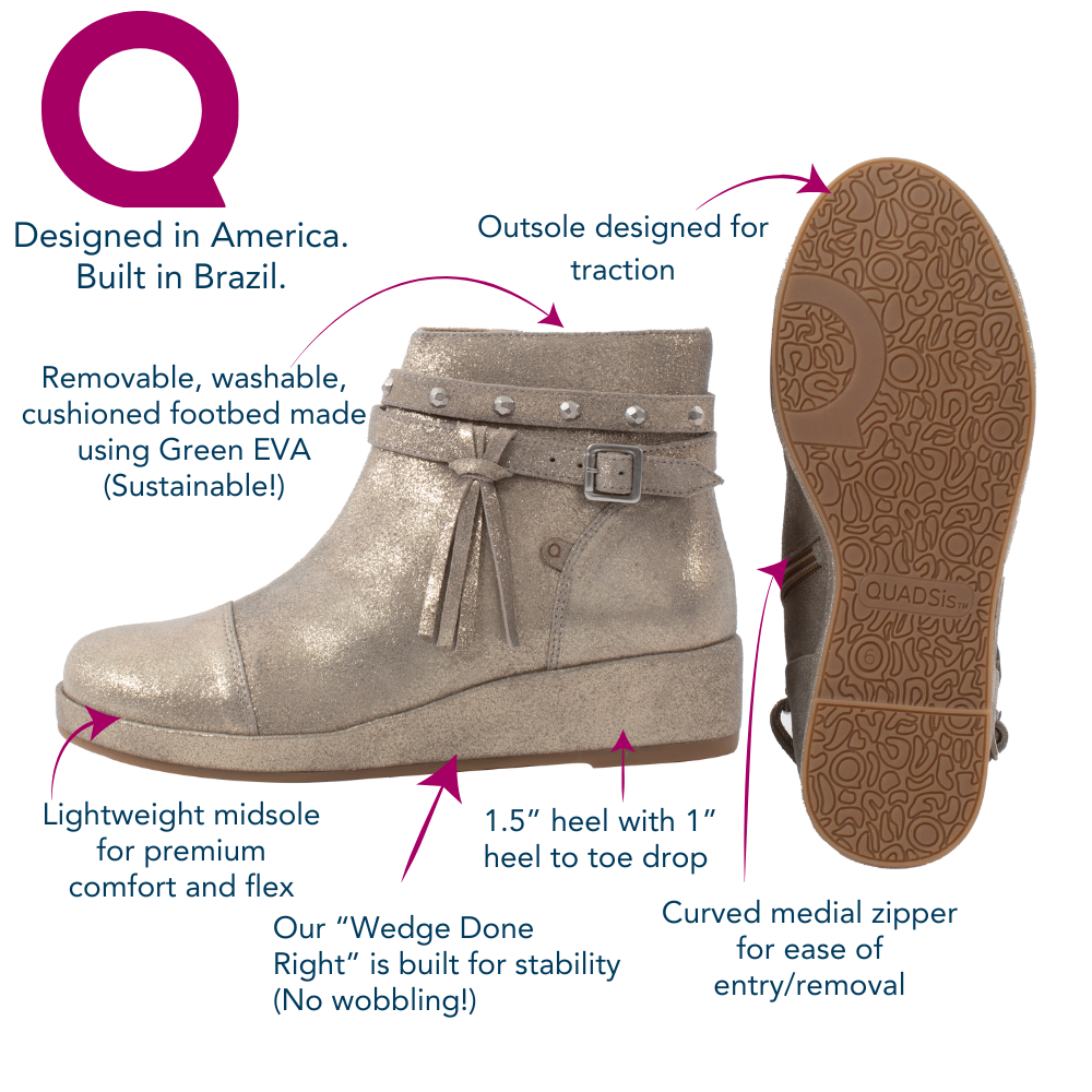 QUADSis Katherine Bootie features and benefits Diagram. Comfortable, sustainable, lightweight, low heel bootie with removable strap and side entry zipper. Genuine leather in black and gilver shimmer suede.