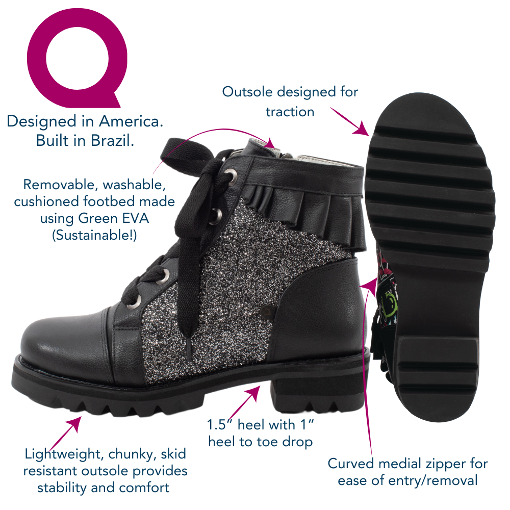 QUADSis Brooke Boot Silver features and benefits Diagram. Comfortable, sustainable, lightweight, low heel, lug sole boot with working laces and side entry zipper. Genuine leather with graffiti print and black silver glitter.