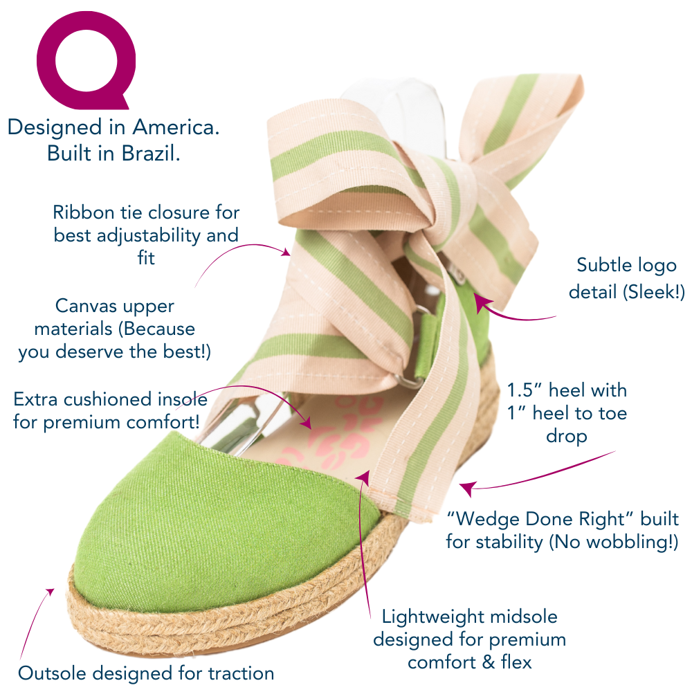 QUADSis Elaine Too Espadrille Wedge Green Apple features and benefits diagram. Comfortable, sustainable, low heel wedge with adjustable grosgrain ribbon and jute wrap. Canvas.