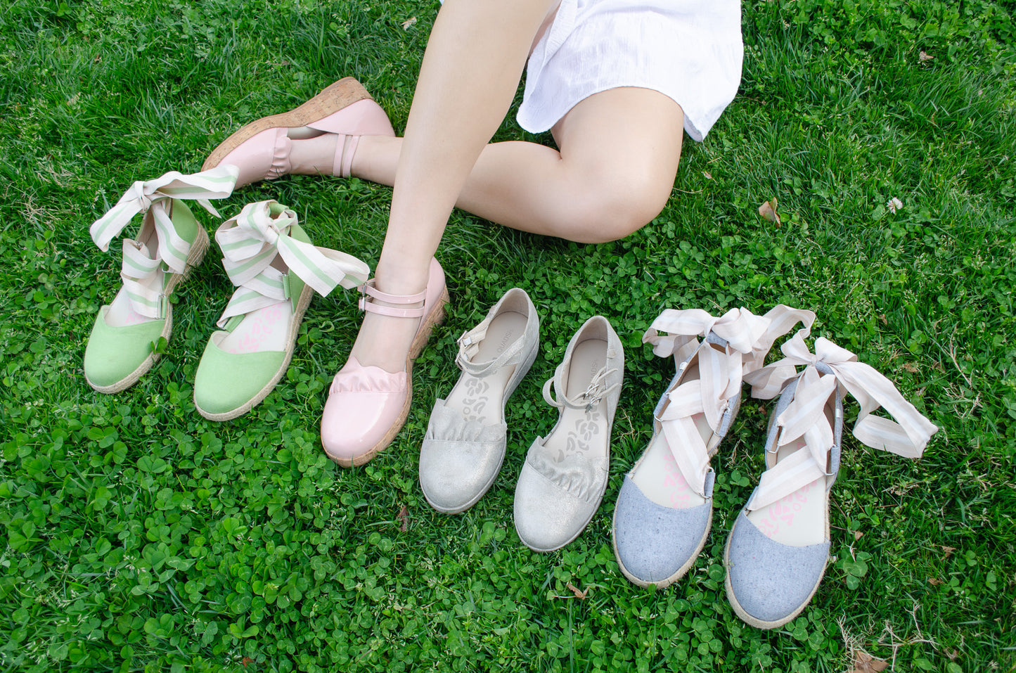 QUADSis Shoot Elaine Too Espadrille Wedge and Elizabeth Mary Jane. . Comfortable, sustainable, low heel wedge with adjustable grosgrain ribbon and jute wrap. Canvas. Adjustable double strap mary jane in genuine leather.