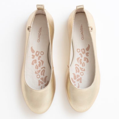 QUADSis Ballet flat Gold. Comfortable, sustainable, and lightweight with removeable leather tie. Genuine leather in black and soft gold.