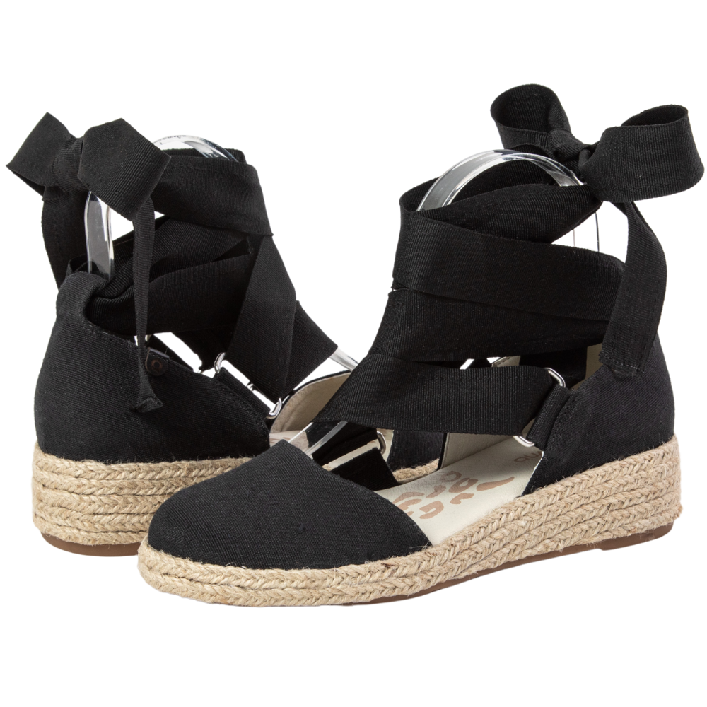 QUADSis Elaine Too Espadrille Wedge. Comfortable, sustainable, low heel wedge with adjustable grosgrain ribbon and jute wrap. Canvas. Chambray, Green Apple, Black, Sand and Pink.
