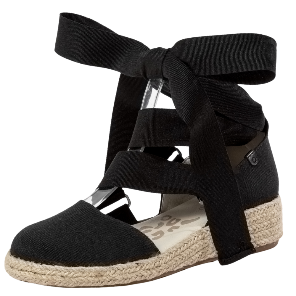 QUADSis Elaine Too Espadrille Wedge. Comfortable, sustainable, low heel wedge with adjustable grosgrain ribbon and jute wrap. Canvas. Chambray, Green Apple, Black, Sand and Pink.