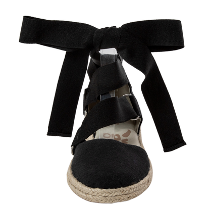 QUADSis Elaine Too Espadrille Wedge. Comfortable, sustainable, low heel wedge with adjustable grosgrain ribbon and jute wrap. Canvas. Chambray, Green Apple, Black, Sand and Pink.