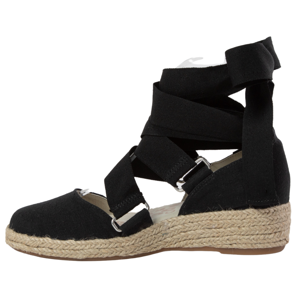 QUADSis Elaine Too Espadrille Wedge. Comfortable, sustainable, low heel wedge with adjustable grosgrain ribbon and jute wrap. Canvas. Chambray, Green Apple, Black, Sand and Pink.