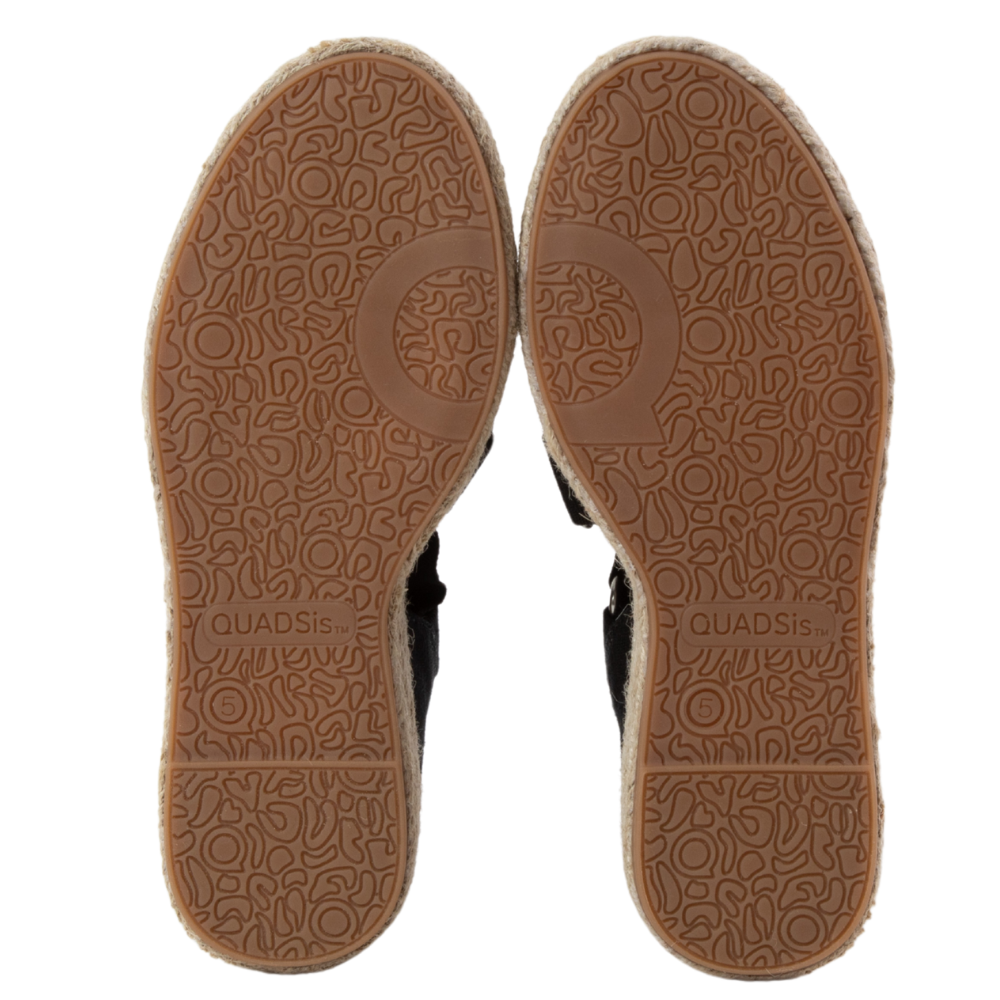 QUADSis Elaine Too Espadrille Wedge. Comfortable, sustainable, low heel wedge with adjustable grosgrain ribbon and jute wrap. Canvas. Chambray, Green Apple, Black, Sand and Pink.