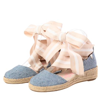 QUADSis Elaine Too Espadrille Wedge Chambray. Comfortable, sustainable, low heel wedge with adjustable grosgrain ribbon and jute wrap. Canvas. Chambray and green apple.