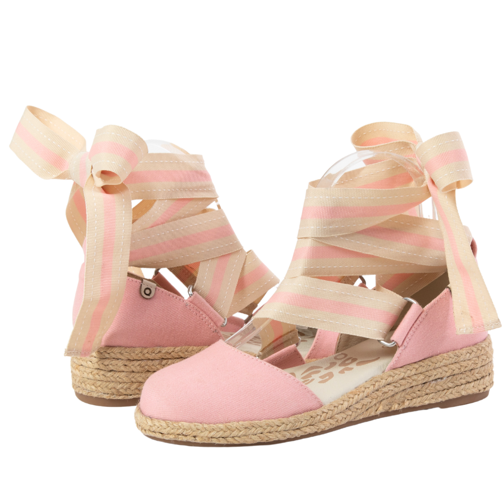 QUADSis Elaine Too Espadrille Wedge. Comfortable, sustainable, low heel wedge with adjustable grosgrain ribbon and jute wrap. Canvas. Chambray, Green Apple, Black, Sand and Pink.