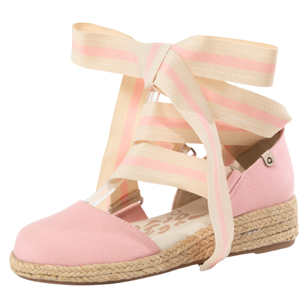 QUADSis Elaine Too Espadrille Wedge. Comfortable, sustainable, low heel wedge with adjustable grosgrain ribbon and jute wrap. Canvas. Chambray, Green Apple, Black, Sand and Pink.