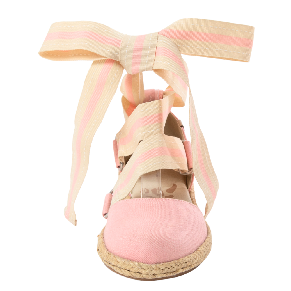 QUADSis Elaine Too Espadrille Wedge. Comfortable, sustainable, low heel wedge with adjustable grosgrain ribbon and jute wrap. Canvas. Chambray, Green Apple, Black, Sand and Pink.