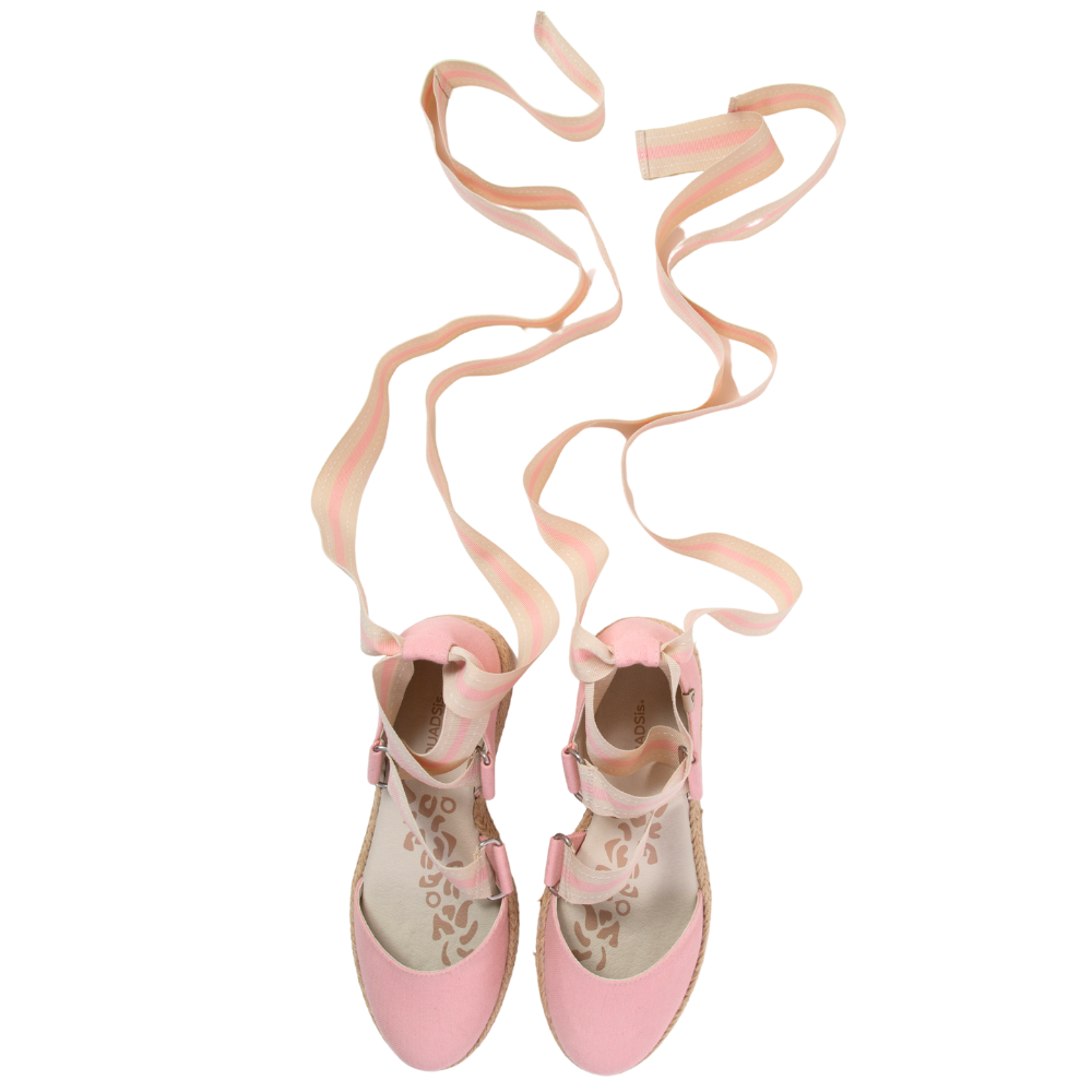 QUADSis Elaine Too Espadrille Wedge. Comfortable, sustainable, low heel wedge with adjustable grosgrain ribbon and jute wrap. Canvas. Chambray, Green Apple, Black, Sand and Pink.