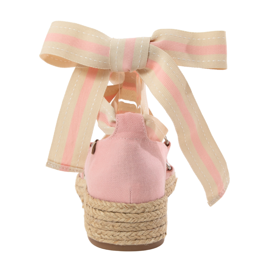 QUADSis Elaine Too Espadrille Wedge. Comfortable, sustainable, low heel wedge with adjustable grosgrain ribbon and jute wrap. Canvas. Chambray, Green Apple, Black, Sand and Pink.