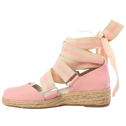 QUADSis Elaine Too Espadrille Wedge. Comfortable, sustainable, low heel wedge with adjustable grosgrain ribbon and jute wrap. Canvas. Chambray, Green Apple, Black, Sand and Pink.