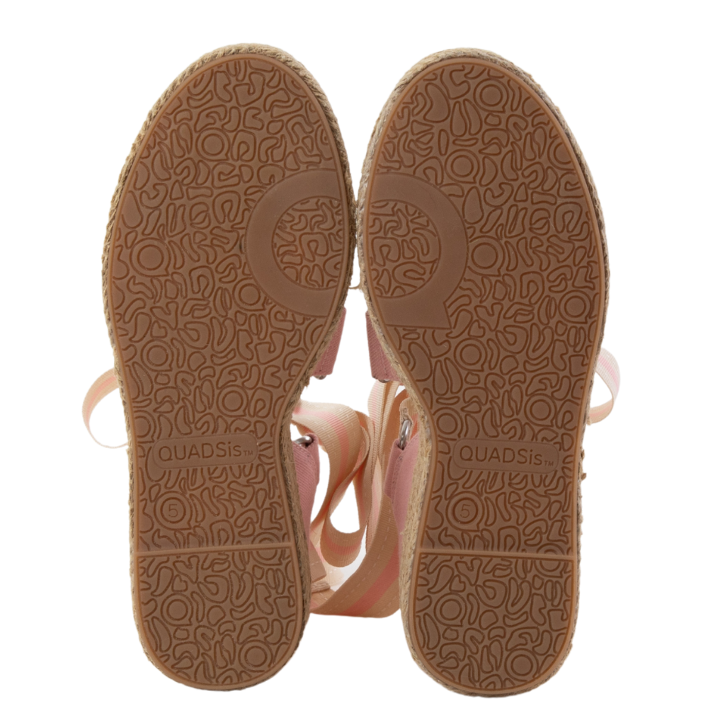 QUADSis Elaine Too Espadrille Wedge. Comfortable, sustainable, low heel wedge with adjustable grosgrain ribbon and jute wrap. Canvas. Chambray, Green Apple, Black, Sand and Pink.