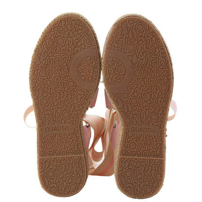 QUADSis Elaine Too Espadrille Wedge. Comfortable, sustainable, low heel wedge with adjustable grosgrain ribbon and jute wrap. Canvas. Chambray, Green Apple, Black, Sand and Pink.