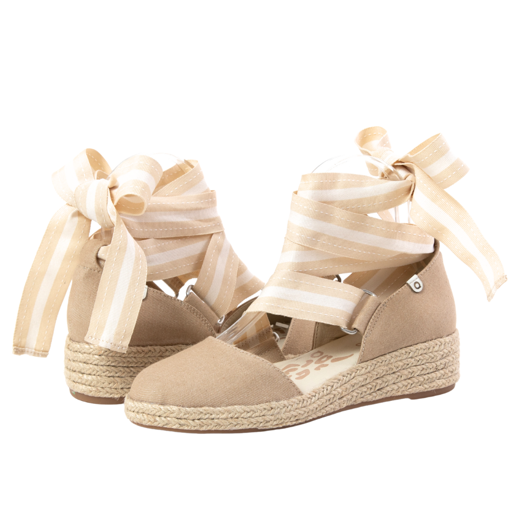 QUADSis Elaine Too Espadrille Wedge. Comfortable, sustainable, low heel wedge with adjustable grosgrain ribbon and jute wrap. Canvas. Chambray, Green Apple, Black, Sand and Pink.