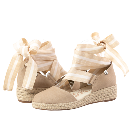 QUADSis Elaine Too Espadrille Wedge. Comfortable, sustainable, low heel wedge with adjustable grosgrain ribbon and jute wrap. Canvas. Chambray, Green Apple, Black, Sand and Pink.