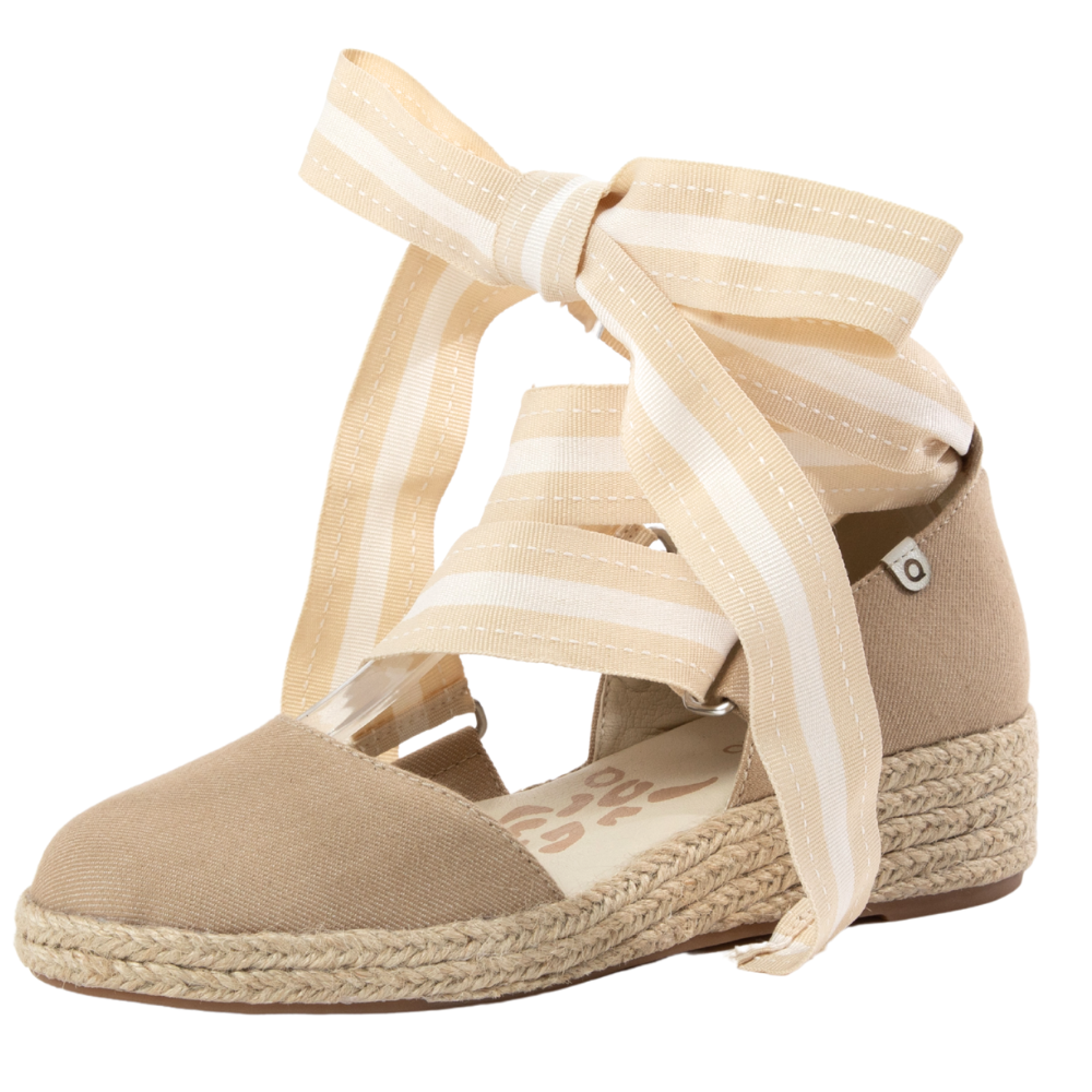QUADSis Elaine Too Espadrille Wedge. Comfortable, sustainable, low heel wedge with adjustable grosgrain ribbon and jute wrap. Canvas. Chambray, Green Apple, Black, Sand and Pink.