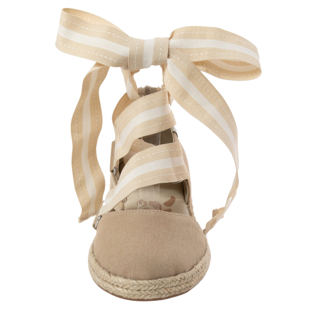 QUADSis Elaine Too Espadrille Wedge. Comfortable, sustainable, low heel wedge with adjustable grosgrain ribbon and jute wrap. Canvas. Chambray, Green Apple, Black, Sand and Pink.